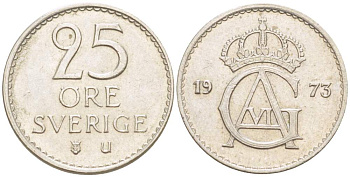 Швеция 25 эре 1973 U, Густав VI Адольф (1950-1973) KM 836 медно-никель 4516-942