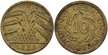 Германия 10 рейхспфеннигов 1925 E J. 317, KM 40 алюминиевая бронза    4603-812
