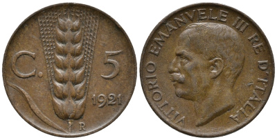 ИТАЛИЯ 5 ЧЕНТЕЗИМО 1921 R, ВИКТОР ИМАНУИЛ III. КОЛОС KM 59 медь 66-124
