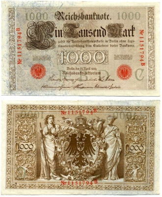 Германия 1000 марок 1910 21 апреля 1910, Буква C, номер семизначный, серия В, выпуск (04-08.1919) Pick 44, Розенберг 45а бумага 8618-3-1-1