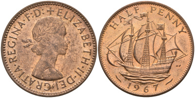 Великобритания 1/2 пенни 1967 Елизавета II (1952-2022) KM 896, Spink 4158 бронза    4161-841