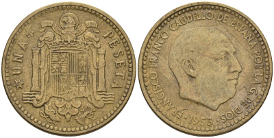 Испания 1 песета 1953 (62) Франсиско Франко (1939-1975) KM 775 алюминиевая бронза 4605-754