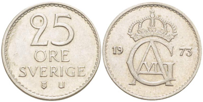 Швеция 25 эре 1973 U, Густав VI Адольф (1950-1973) KM 836 медно-никель 4516-942