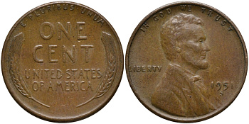 США 1 цент 1951 S, Линкольн KM А132 медь цинк 4608-954
