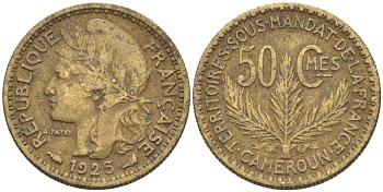 Французский Камерун 50 сантимов 1925 (а), монетный двор Париж KM 1 алюминиевая бронза 36-1114