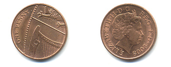 Великобритания 1 пенни 2008 Елизавета II (1952-2022) KM 1107, Spink B6 сталь плакированная медью 177-1145