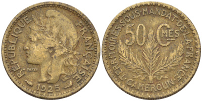 Французский Камерун 50 сантимов 1925 (а), монетный двор Париж KM 1 алюминиевая бронза 36-1114