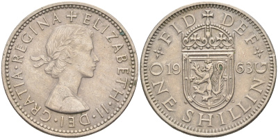 Великобритания 1 шиллинг 1963 Елизавета II (1952-2022), Шотландский герб KM 905, Spink 4148 медно-никель    4595-925