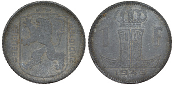 Бельгия 1 франк 1943 Леопольд III, Belgie-Belgique KM 128 цинк 4163-143