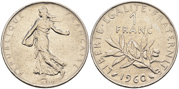 Франция 1 франк 1960 сеятель KM 925.1, LE FRANC 226.4 никель    4177-217