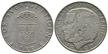 Швеция 1 крона 1980 Карл XVI Густав (1973- ) KM 852 медь плакированная медно-никелем 91-233