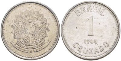 Бразилия 1 крузадо 1988 KM 605 нержавеющая сталь 217-526