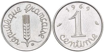 ФРАНЦИЯ 1 САНТИМ 1969 KM 928 хромированная сталь 66-539