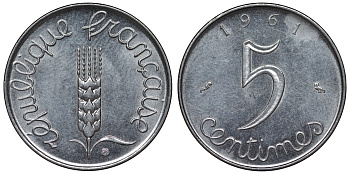Франция 5 сантимов 1961 KM 927, Le Franc 124.3 хромированная сталь 4128-133