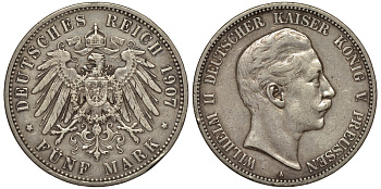 Пруссия 5 марок 1907 Вильгельм II (1888-1918) KM 523, J. 104 серебро 603-1245