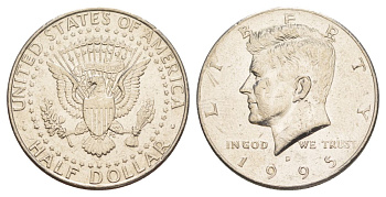 США 1/2 доллара (50 центов) 1995 D, Джон Кеннеди KM A202b медь плакированная медно-никелем aUNC 4382-721