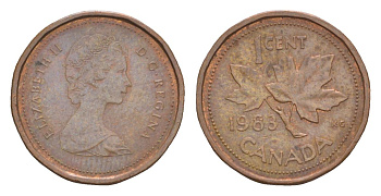 Канада 1 цент 1983 Елизавета II (1952-2022), кленовый лист KM 132 бронза 4630-563