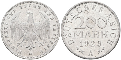 Германия 200 марок 1923 A KM 35, J. 304, Weege 22 алюминий UNC 4586-313