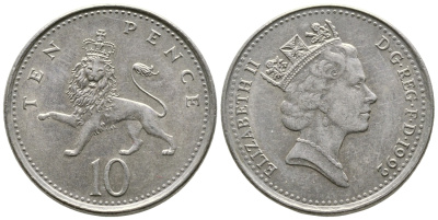Великобритания 10 пенсов 1992 Елизавета II (1952-2022) KM 938b, Spink 4367 (F4) медно-никель 3999-1023