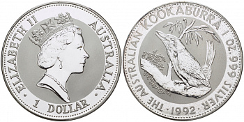 Австралия 1 доллар 1992 кукабара на ветке KM 164 серебро PROOF 05-098-23