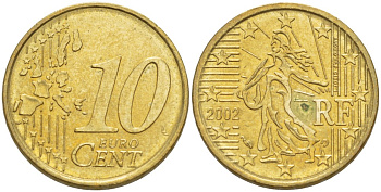 Франция 10 евроцентов 2002 KM 1285 латунь 216-1146