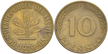 ФРГ 10 пфеннигов 1970 J KM 108, J. 383 сталь плакированная латунью 54-2252