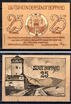 Боппард (Пруссия, Рейн) 25 пфеннигов 1920 Mehl Grabowski 142.1-2/3 бумага UNC (пресс) 7556-51-3-1