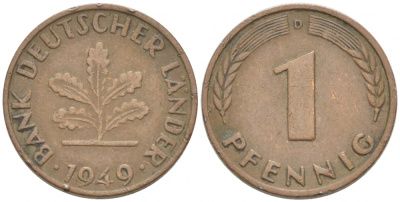 ФРГ 1 ПФЕННИГ 1949 D KM А101, J.376 сталь плакированная медью 3955-513