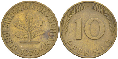 ФРГ 10 пфеннигов 1970 J KM 108, J. 383 сталь плакированная латунью 54-2252