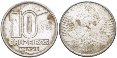 Бразилия 10 крузейро 1990 золотодобыча KM 619.1 нержавеющая сталь 4178-533