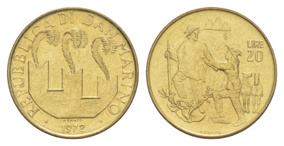 Сан-Марино 20 лир 1972 KM 18 алюминиевая бронза UNC 4647-159