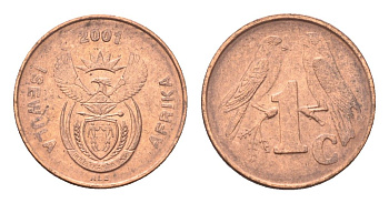 ЮАР 1 цент 2001 герб, капские воробьи KM 221 сталь плакированная медью UNC 4702-834
