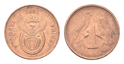 ЮАР 1 цент 2001 герб, капские воробьи KM 221 сталь плакированная медью UNC 4702-834