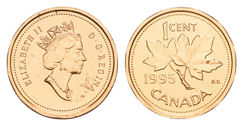 Канада 1 цент 1995 Елизавета II (1952-2022), кленовый лист KM 181 бронза PROOF-LIKE (BU) 4639-411