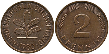 ФРГ 2 ПФЕННИГА 1980 G KM 106а, J.381а сталь плакированная сталь плакированная медьюю 33-241