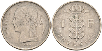 Бельгия 1 франк 1952 Belgie, Бодуэн I (1951-1993) KM 143.1 медно-никель 4563-1211