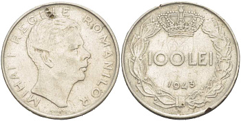 Румыния 100 леев 1943 Михай I (1940-1947) KM 64 сталь плакированная никелем 215-536