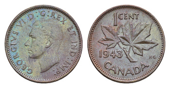 Канада 1 цент 1943 Георг VI (1936-1952), кленовый лист KM 32 бронза 4639-257