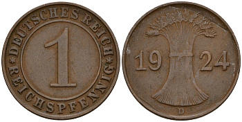 Германия 1 рейхспфенниг 1924 D KM 37, J. 313 бронза 192-956