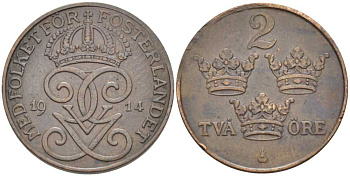 Швеция 2 эре 1914 Густав V (1907-1950) KM 778 бронза 119-1011