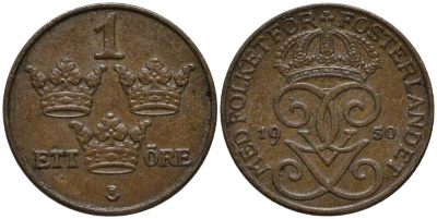 Швеция 1 эре 1950 Густав V (1907-1950) KM 777.2 бронза 201-1142