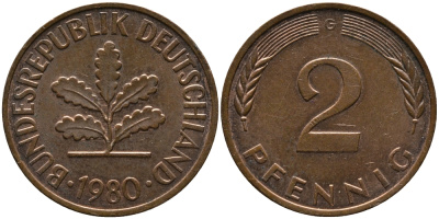 ФРГ 2 ПФЕННИГА 1980 G KM 106а, J.381а сталь плакированная сталь плакированная медьюю 33-241