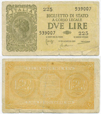Италия 2 лиры 1944 Pick 30b, Grapanzano BS 16 бумага 7551-42-3-1