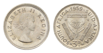 ЮАР 3 пенса 1959 Елизавета II (1952-2022) KM 47 серебро UNC 4547-1232