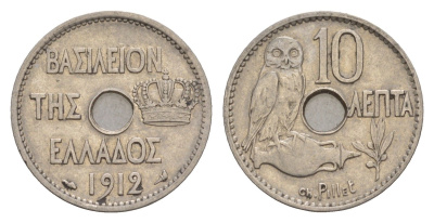 Греция 10 лепт 1912 Георг I (1863-1913), сова KM 63 никель 4655-355