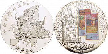 НИДЕРЛАНДЫ МЕДАЛЬ 2002 ПОХИЩЕНИЕ ЕВРОПЫ, КУПЮРА 10 ЕВРО ЕВРОПРОБА, СЕРЕБРЕНИЕ, ЦВЕТНАЯ ЭМАЛЬ, ДИАМЕТР 50 ММ. ВЕС 54 ГР. медно-никель PROOF 01-237-54