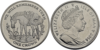 Остров Мэн 1 крона 2014 в память героев первой мировой войны, одинокая лошадь KM NEW медно-никель  UNC 4386-614