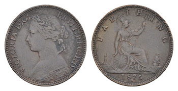 Великобритания 1 фартинг 1875 H, Виктория (1837-1901) KM 753, Spink 3959 бронза 4630-152