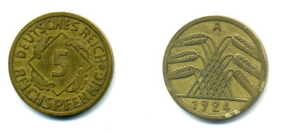 ГЕРМАНИЯ 5 РЕЙХСПФЕННИГОВ 1924 A, KM 39, J. 316 алюминиевая бронза 46-2122