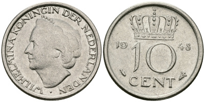 Нидерланды 10 центов 1948 Вильгельмина (1895-1948) KM 177 никель 96-526